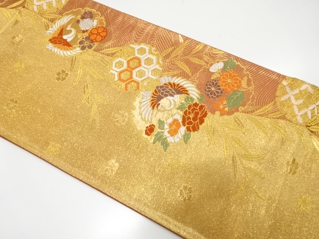 JAPANESE KIMONO / FUKURO OBI / SILK / WOVEN SNOWFLAKE & CRANES & FLORAL PLANTS